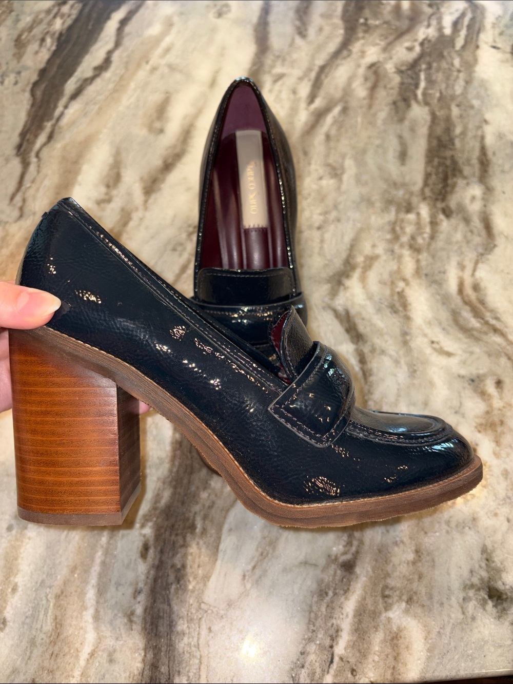 Franco Sarto Navy Patent Leather Block Heel Loafers - Picture 4 of 9